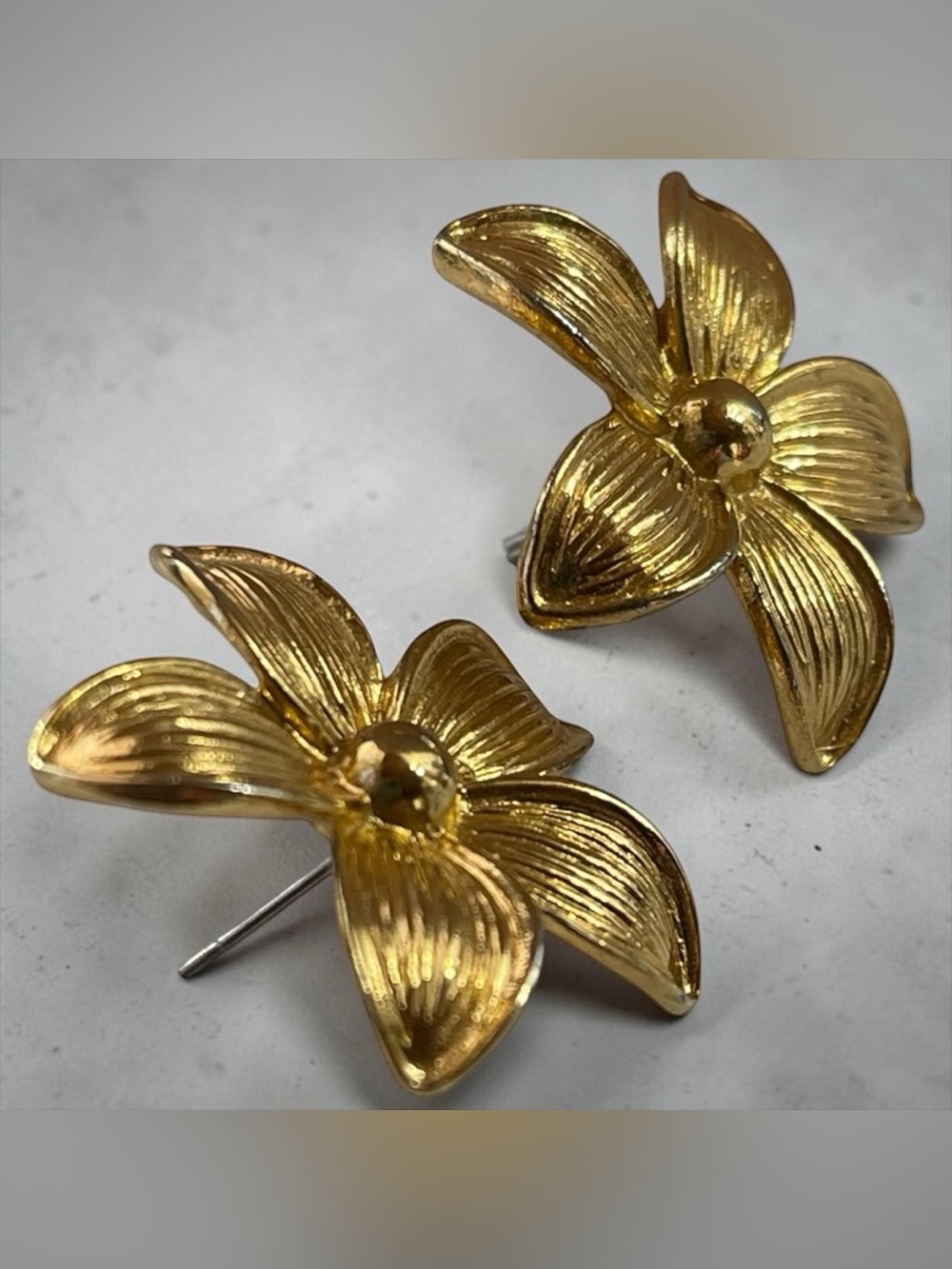 Signed SC Brushed Gold Tone Floral Statement Earrings